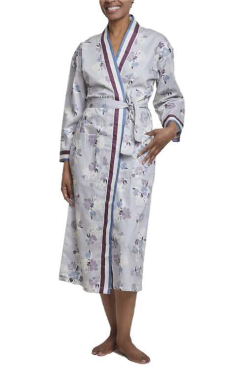 Cotton Sateen Long Robe with Stripe Contrast